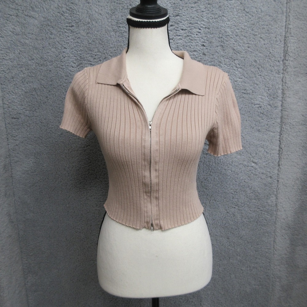 Princess Polly Ribbed Zip Front Crop Top Women XS/S Beige Y2K Fitted Collared